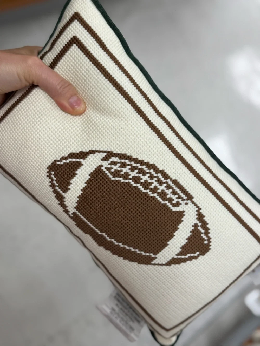 Needlepoint Football Pillow in Cream and Brown with Green Trim